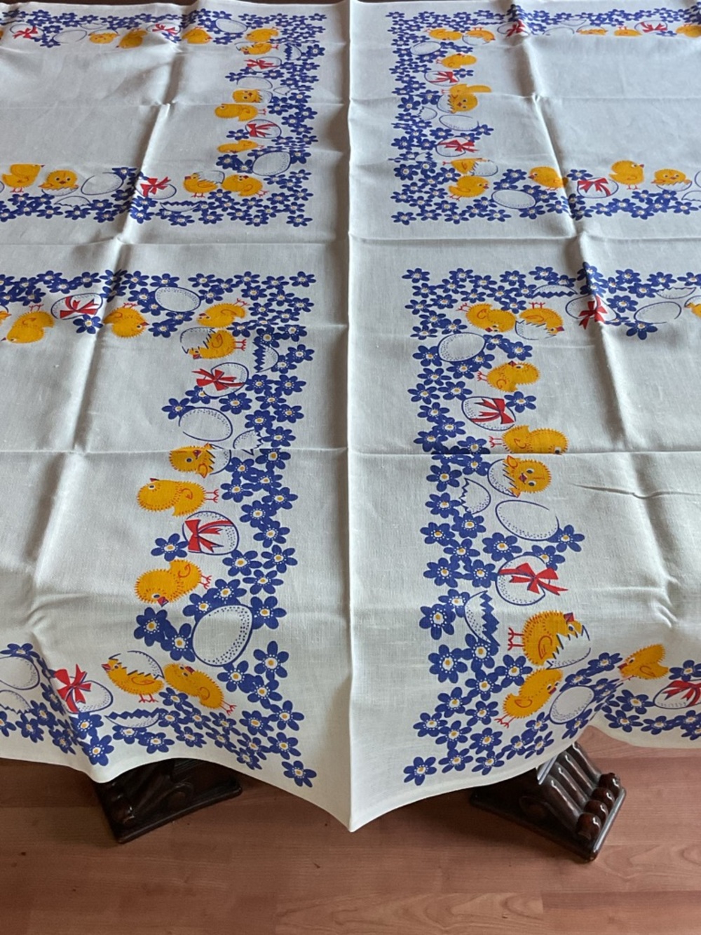 Vintage-Inspired Yellow Chick & Blue Floral Linen Tablecloth